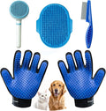 5 Piece Dog Grooming Brush Set with Grooming Gloves, Deshedding Comb & Massage Bath Brush | Dog Shampoo Brush - Multifunctional Pet Hair Removal Tools for Shedding, Bathing, Brushing (Blue)