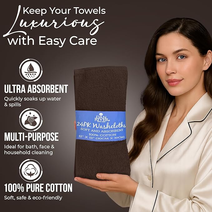 DAN RIVER 24 Pack Wash Cloths for Showering [12x12] - 100% Cotton Washcloths Premium Quality Flannel Face Cloths for Bathroom, Highly Absorbent and Soft Feel Wash Clothes, Brown