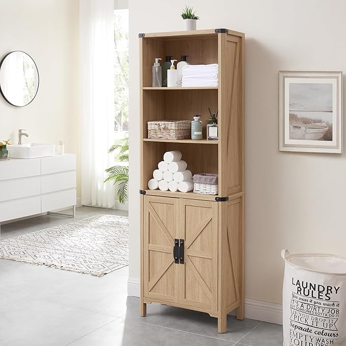 70.87 Tall Storage Cabinet, Farmhouse Storage Cabinet with 2 Barn Doors and Adjustable Shelves, Bathroom Organizer for Living Room, Entryway, Kitchen (Natural Oak)
