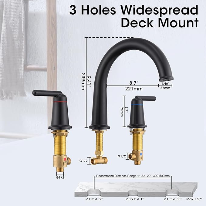Bathtub Faucet Set 3 Hole, Widespread Deck Mount Tub Faucet with Valve Brass High Flow Tub Filler Garden Bath Tub Faucet Set 2-Handle High Arch Roman Bathtub Faucets Matte Black WT-9807BK