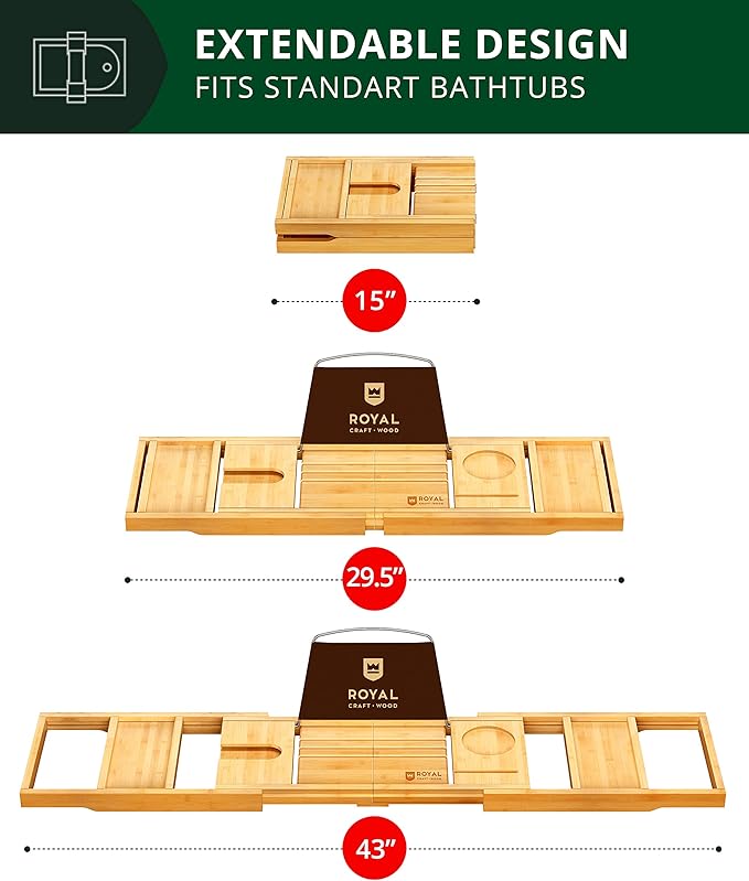 ROYAL CRAFT WOOD Bathtub Tray Caddy for Tub, Bamboo Bath Shelf, Premium Foldable Wood Bath Table, Expandable Bathtub & Bathroom Accessories, New Home Gifts for Mom, Housewarming, Anniversary, Wedding