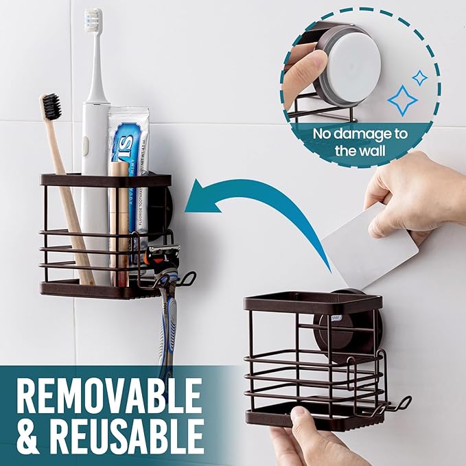 TAILI Patented Suction Cup Toothbrush Holder, Stainless Steel Anti-Puddling Toothbrush Shower Holder, No Drilling Removable Organizer for Bathroom Toothpaste, Razor, Kitchen and Office Items, Brown