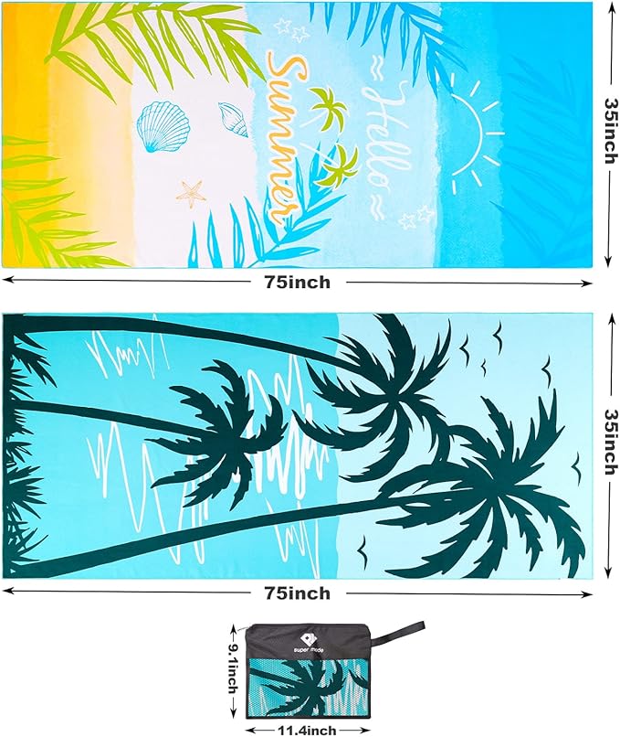 2 Pack Microfiber Beach Towel, Oversized Microfiber Pool Towel 75”x 35”, Sand-Free Beach Towel, Quick Drying Camping Towel, Super Absorbent Bath Blanket, Soft Breathable and Lightweight