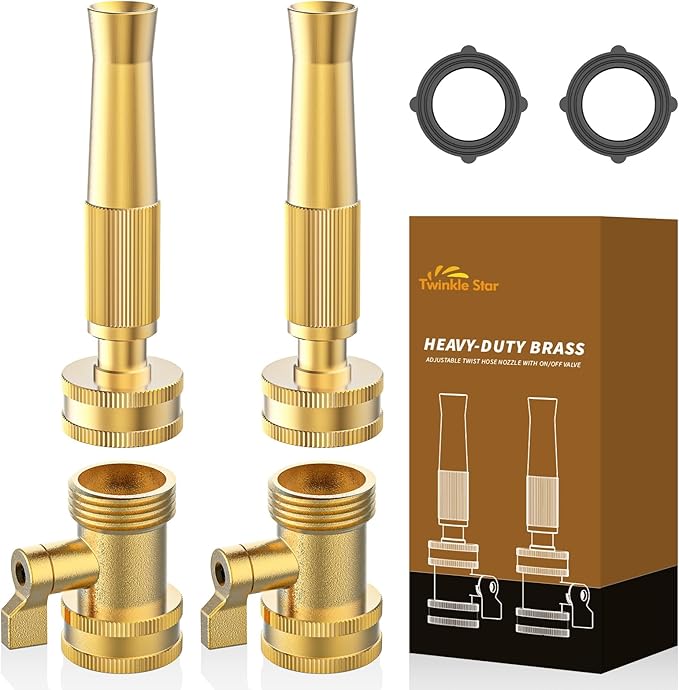 Twinkle Star Heavy-Duty Brass Adjustable Twist Hose Nozzle, High Pressure Hose Nozzle with On-Off Valve, Leakproof Operation 3/4" GHT Connector 4 Pack