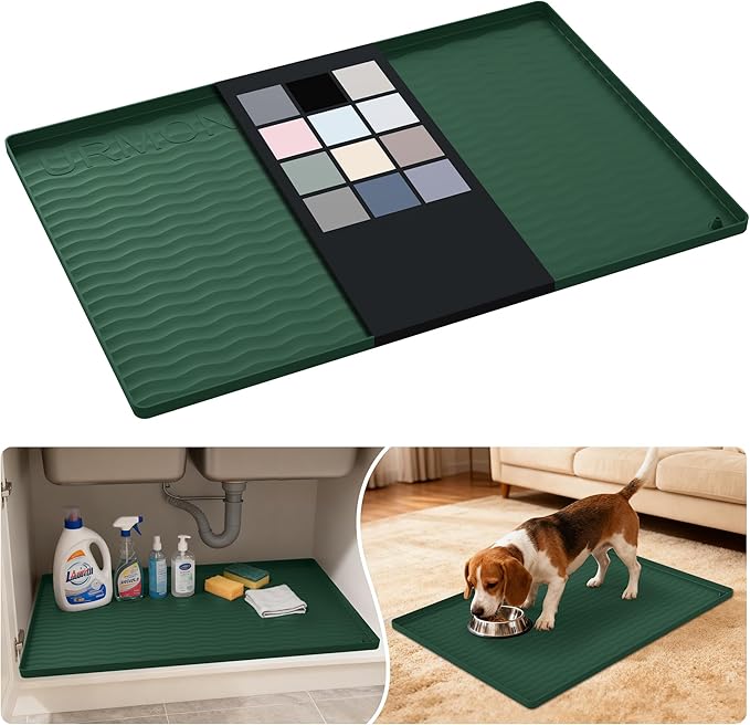 URMONA Waterproof Silicone Under Sink Mat 28'' x 19'' Shelf Liner for Kitchen and Bathroom, Cabinet and Counter Protector, Storage and Organizers, Litter Mat, Pet Cat Puppy Essentials(Green)
