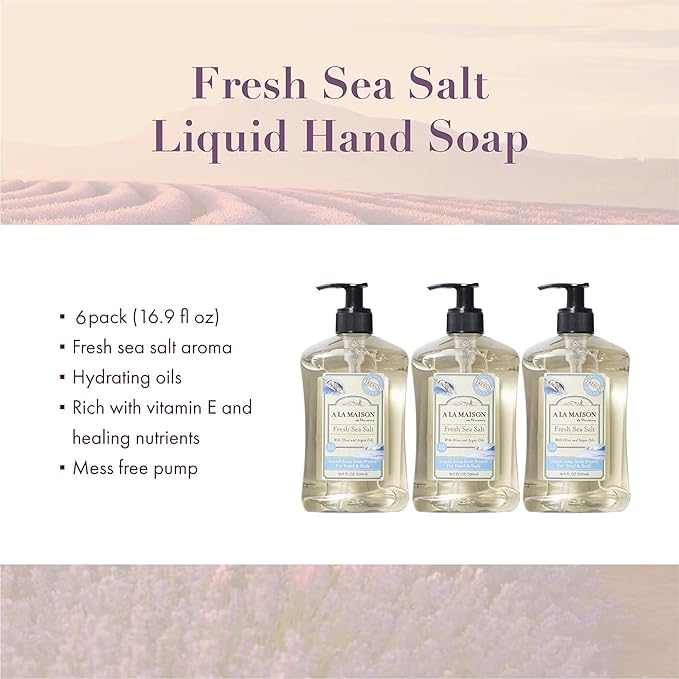 A LA MAISON French Liquid Hand Soap, Fresh Sea Salt - Natural Hand Wash Made with Essential Oils - Biodegradable, Plant-Based, Vegan, Cruelty-Free, Alcohol & Paraben Free (16.9 oz, 6 Pack)