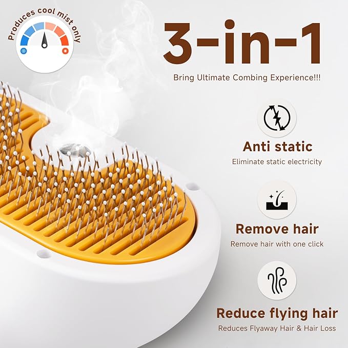 Pet Steam Brush for Dog & Cat - 3-in-1 Steam Grooming Brush for Shedding & Hair Removal - Self Cleaning Spray Comb with Mist for Long Haired Pets - Includes 2*Waterless Shampoo, Yellow