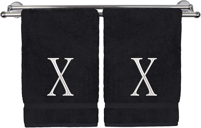 Monogrammed Hand Towel, Personalized Initial Gift, Extra Absorbent 100% Turkish Cotton - Soft Terry Finish - Set of 2 - White Block Initial X - Embroidered on Black Towels