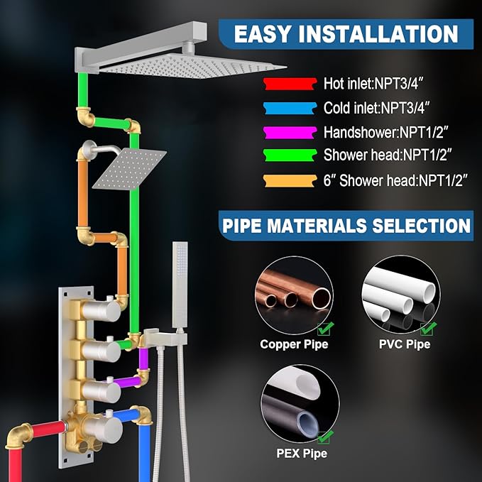 Enga Thermostatic Dual Shower System, 12"+6" Wall Mount Dual Rain Shower Faucet, All Functions Use Together & Volume Adjustable, Brushed Nickel