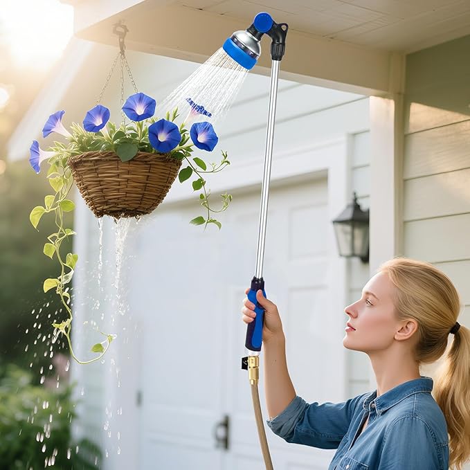 Watering Wand for Garden Hose, 30 Inch, 10 Spray Patterns, Thumb Control Garden Hose Nozzle, Adjustable Water Sprayer with Pivoting Head, Ideal for Hanging Baskets, Plants, and Shrubs, Blue