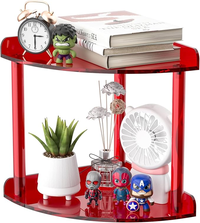 2 Tier Countertop Corner Organizer Shelf 7x7x8 Inch, Red Acrylic Bathroom Corner Shelf for Countertop, Vanity Storage for Skincare, Cosmetics, Perfume