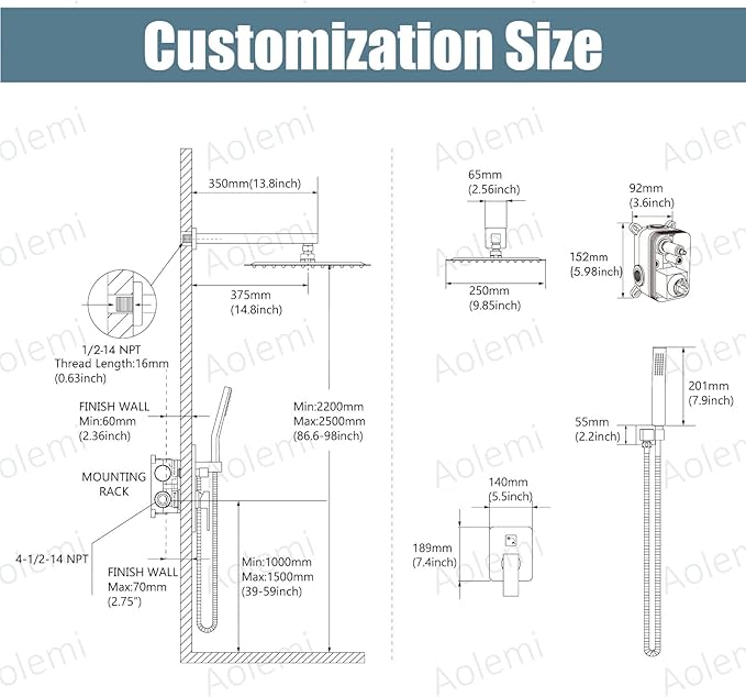 Aolemi Shower Faucet Set Rain Shower System with Handheld Spray Bathroom Shower Combo Rough-in Valve and Shower Trim Kit Included Matte Black 10 Inch Wall Mount Shower Head