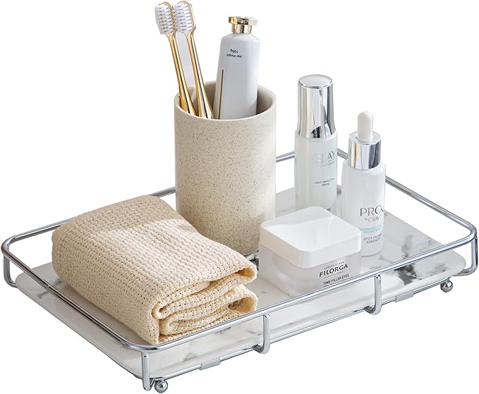 Vanity Tray Makeup Organizer Cosmetics Storage Bathroom Skincare Organizer Countertop Display Rack in Dresser Stainless Steel Shelf Marble Print Ceramic Trays