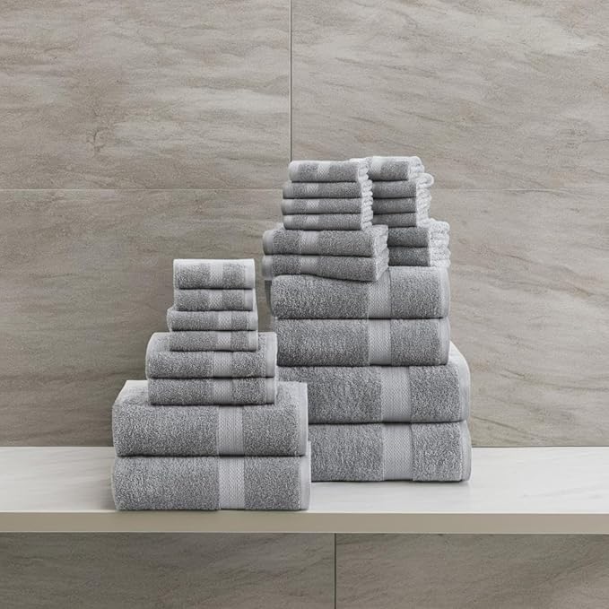 Lane Linen Complete 24 PCs Bath Towel Set For Family - 100% Ring Spun Cotton - Quick Dry, Soft & Absorbent Towels For Bathroom - Perfect for Kids, Guest & Everyday Use - Oeko Tex Certified -Space Grey