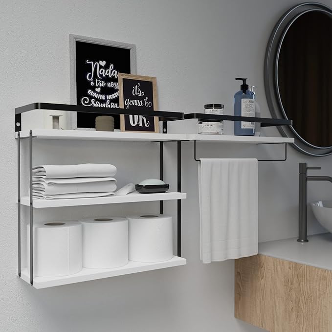RICHER HOUSE 3+1 Tier Wall Mounted Floating Shelves Set of 2, Rustic Wood Wall Shelf with Metal Frame, Extra Storage Rack for Bathroom, Kitchen, Bedroom with Tissue Rack & Towel Bar - White