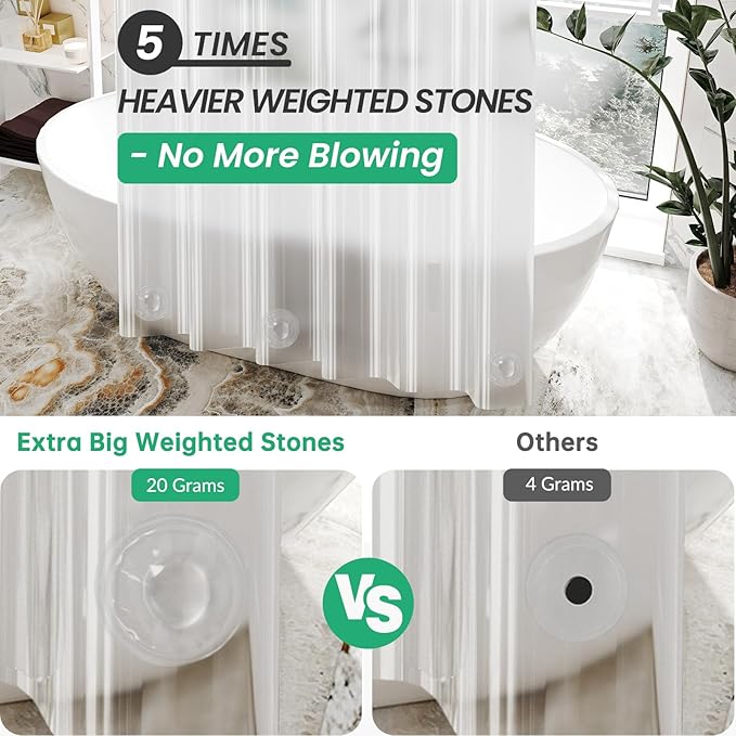 AmazerBath Plastic Shower Curtain Clear 72x74 Inches, Clear Shower Curtain Heavy Duty 8G Premium PEVA, Weighted Shower Curtains for Bathroom Accessories with 3 Big Stones and 12 Rustproof Grommets