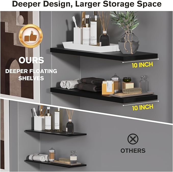 Wall Shelf Set of 3,Dark Wood Floating Shelves 36 in W x 10 in D x 1 in H, Wooden Floating Wall Shelf with Invisible Brackets for Living Room/Bedroom/Bathroom/Kitchen Storage and Decor