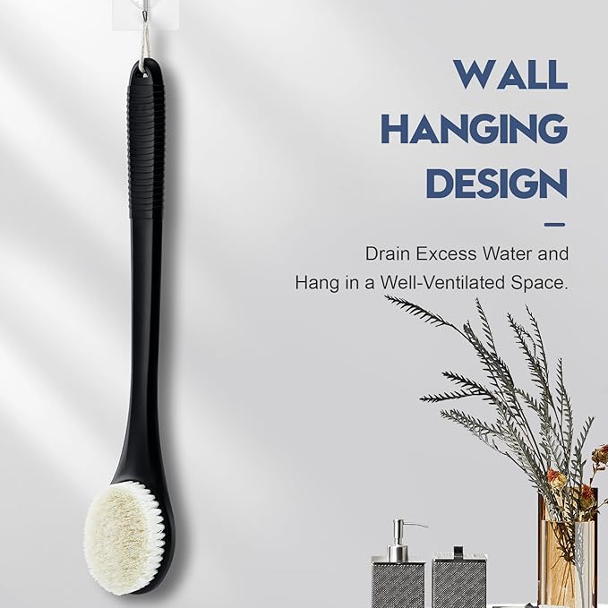 Back Scrubber for Shower, Shower Body Brush for Cleaning with Long Handle for Showering, 17 Inch Back Washer Exfoliator for Shower Men Women with Non-Slip Handle, Adhesive Hook (Black)