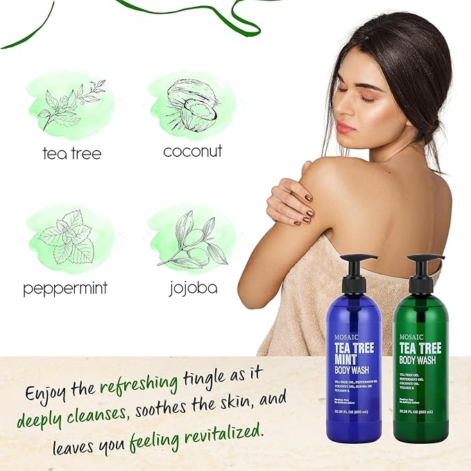 AnatoliaDaphne Tea Tree Body Wash and Shower Gel with Vitamin E for Jock Itch, Eczema, Ringworm, Body Odor, Body Wash Women & Men with Added Body Oils,LARGE 20.2 FL Oz Bottle (Tea Tree, Pack of 2)