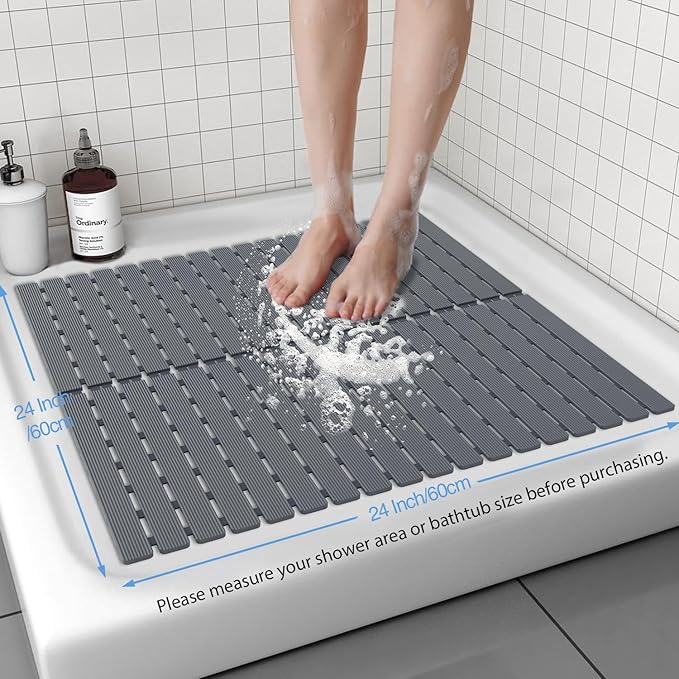Shower Mat Non-Slip Bath Mat for Tub and Shower Stall,200+ Suction Cups with Drain Holes, Quick Dry Machine Washable, Extra Grip for Elderly and Baby, Bathroom Essentials 24x24 Inch (Light Grey)