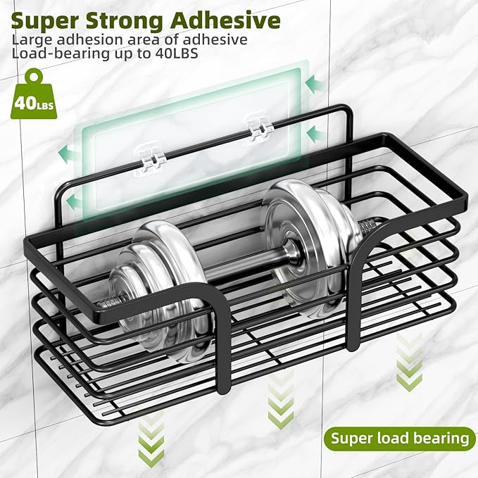 Shower Caddy, Adhesive Shower Organizer with Soap Dish and 4 Hooks, Rustproof Stainless Steel Shower Shelves, Wall Mounted No Drilling Storage Shelf Basket Accessories for Bathroom & Kitchen