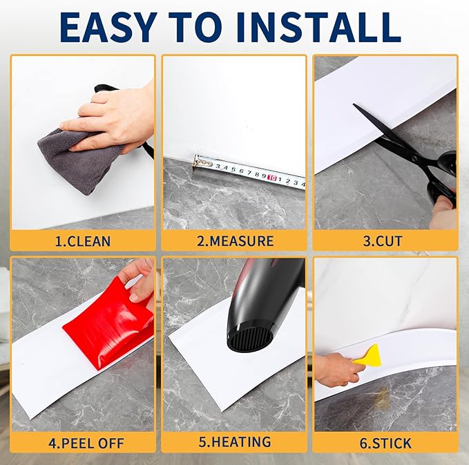Flexible Baseboard Molding Trim 4 Inch Self-Adhesive Vinyl Wall Base Peel and Stick Cove Base Rubber Wall Baseboard Moulding Trim (60Ft, White)