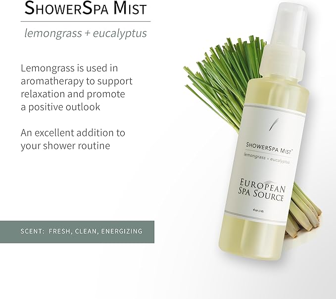 European Spa Source Energizing Lemongrass + Eucalyptus ShowerSpa Mist Spray for Aromatherapy, at Home Spa Experience, Sinus Congestion Relief, and Tension Relief, 4 fl oz.