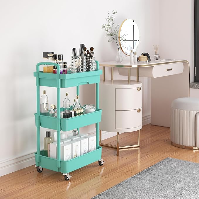 Calmootey 3-Tier Rolling Utility Cart with Drawer,Multifunctional Storage Organizer with Plastic Shelf & Metal Wheel,Storage Cart for Kitchen,Bathroom,Living Room,Office,Green