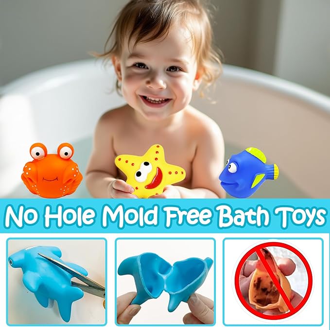 17 PCS Baby Bath Toys for Kids Ages 1-3, Mold Free No Hole Bathtub Toys with Floating Boats, Bath Spoons & Shark Net, Water Table Toys for Pool, Beach, Shower, Bath Toys for 2 3 4 Year Old Boys Girls