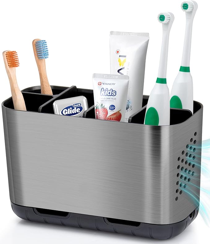 Boperzi Toothbrush and Toothpaste Holder Brushed Nickel Drainage for Bathroom Vanity, Large Electric Toothbrush Storage Caddy Anti-Slip Rustic with Adjustable Dividers for Family, Kids