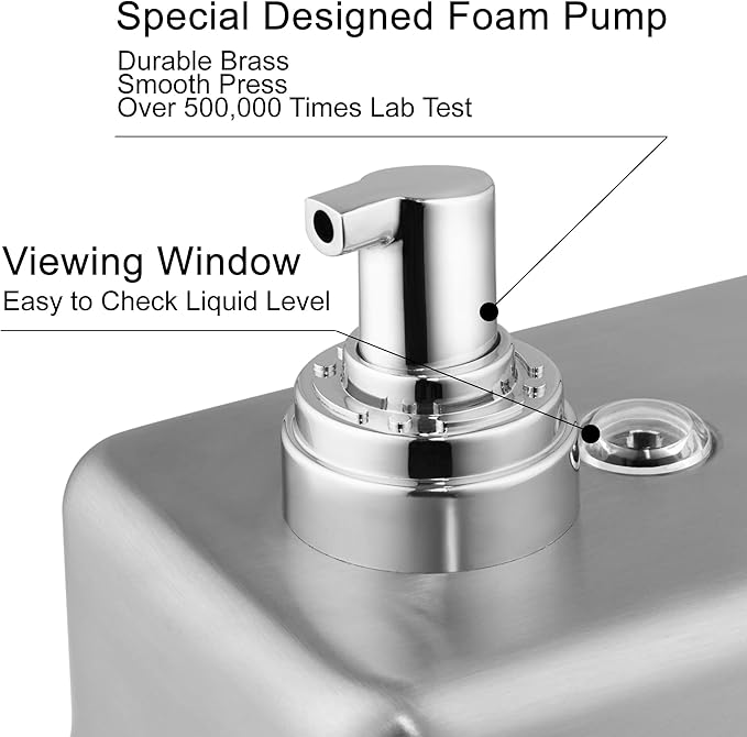 Commercial Wall Mount Stainless Steel Foaming Soap Dispenser, 40 oz (1200ml) Industrial Refillable Foam Hand Sanitizer Dispensers for Bathroom and Kitchen