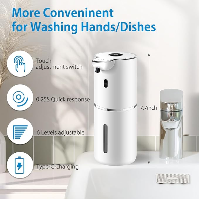 Automatic Liquid Soap Dispenser 12.8oz, Rechargeable & 6 Levels Soap Adjustable with Digital Display, Wall Mount, Waterproof, Touchless Hand/Dish Soap Dispenser for Kitchen, Bathroom, Hotel
