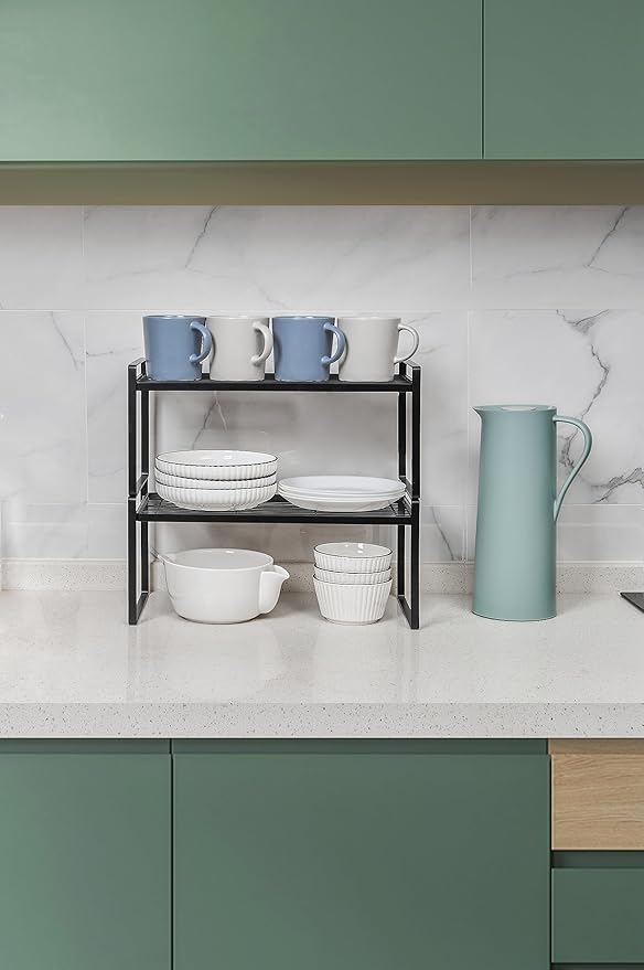 2Pack Kitchen Cabinet Shelf Counter Organizer Rack Pantry Storage Bathroom Bedroom Office Table Desk Space Saving Stackable Rust Resistant Non Slip Black Wide L16.1in W10.6in H7.3in