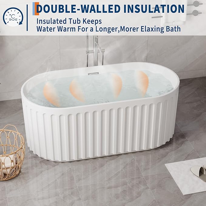 67 Inch Acrylic Freestanding Bathtub with Textured Stripes, Deep Soak Tub, Space-Saving, Glossy Surface, Luxury Spa Design for Modern Bathrooms