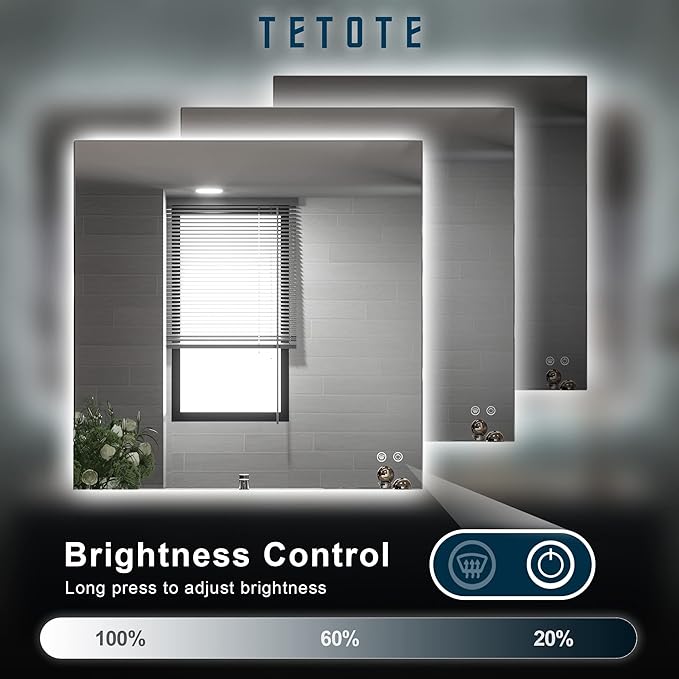 TETOTE 36 x 36 Inch LED Backlit Mirror with Light Bathroom,Anti-Fog,Dimmable,CRI90+,IP 54Water Proof,Vanity Mirror with Light,Wall Mounted,Horizontal/Vertical