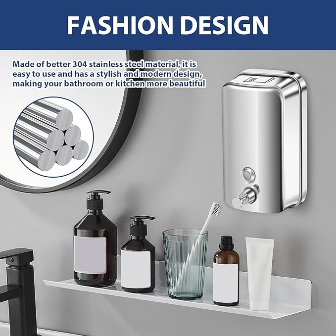 1000ml Commercial Soap Dispenser Wall Mount, Stainless Steel Hand Soap Dispenser for Bathrooms, Refillable Hand Sanitizer Dispenser for Home, Hotels, Restaurants, Hospitals (Silver)
