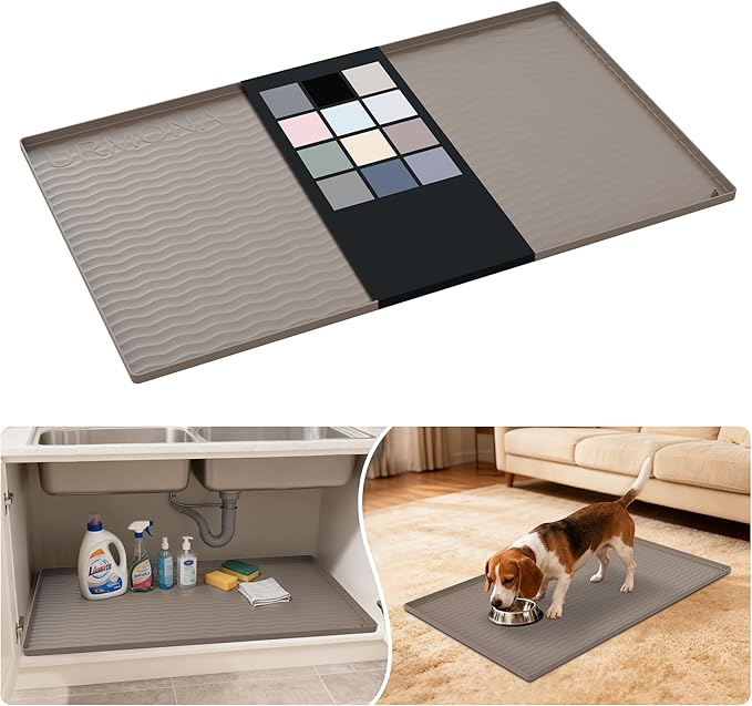 URMONA Waterproof Silicone Under Sink Mat 37'' x 22'' Shelf Liner for Kitchen and Bathroom, Cabinet and Counter Protector, Storage and Organizers, Litter Mat, Pet Cat Puppy Essentials(Beige)