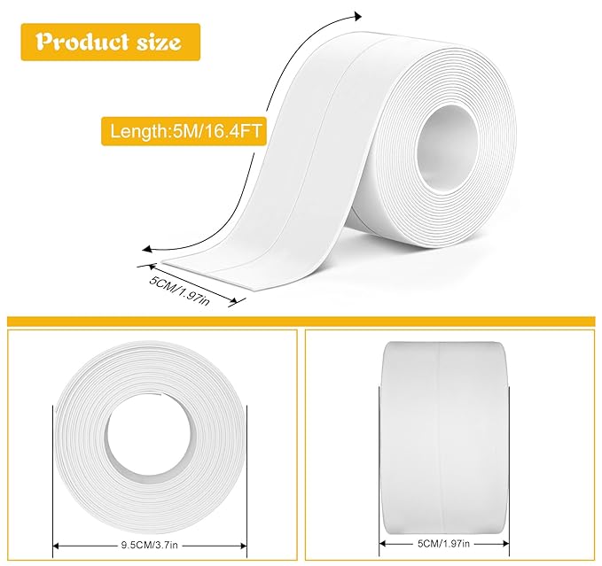 ABSOFINE Caulk Tape Waterproof Self Adhesive 1.97" x16.4Ft, White Toilet Caulk Sealant Tape, Shower Seal Strip for Kitchen, Countertop, Bathroom, Sink, Bathtub Toilet Edge Protector with Sealing Tool