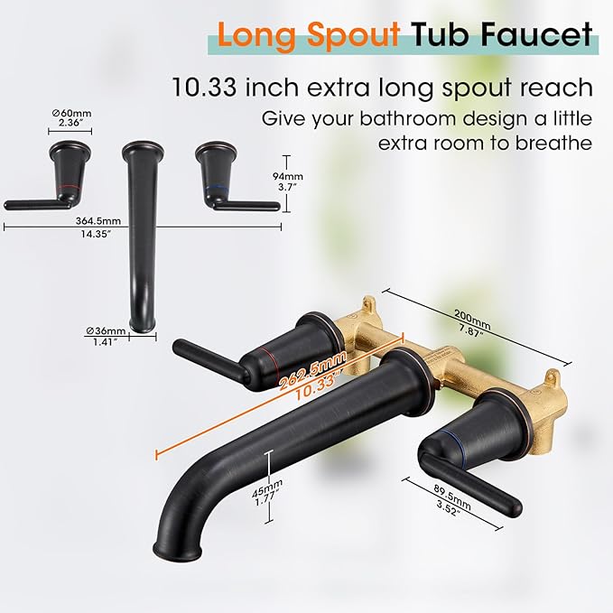 Wall Mount Tub Filler, 10.33" Extra Long Spout With Rough-in Valve, 10.08 GPM High Flow 2-Handle Faucet, Wall Mounted Bathtub Set, Brass Roman Bath Faucet, Oil Rubbed Bronze