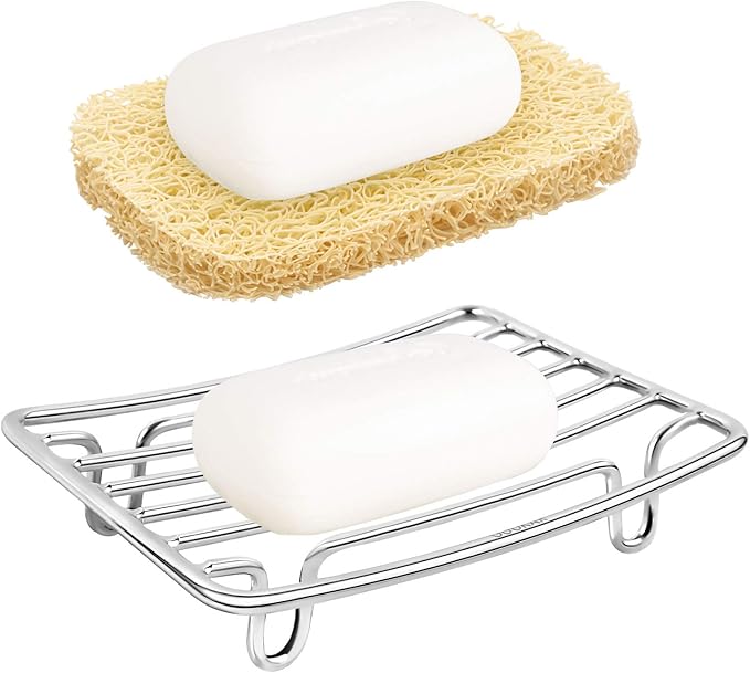 Bar Soap Dish Holder for Shower Bathroom Stainless Steel Rust Proof Self Draining with Beige Soap Saver Pad