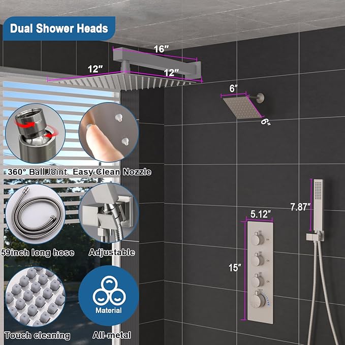 Enga Thermostatic Dual Shower System, 12"+6" Wall Mount Dual Rain Shower Faucet, All Functions Use Together & Volume Adjustable, Brushed Nickel