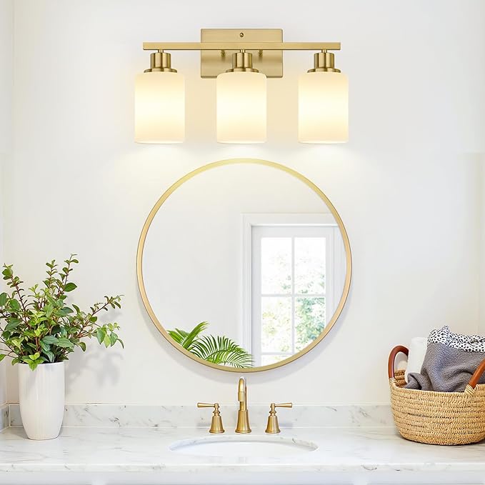 3-Light Bathroom Light Fixtures, Brushed Gold Vanity Light with Milky White Shades, Bathroom Lighting Fixtures Over Mirror, Modern Bathroom Wall Lamp for Mirror Living Room Cabinet Bedroom