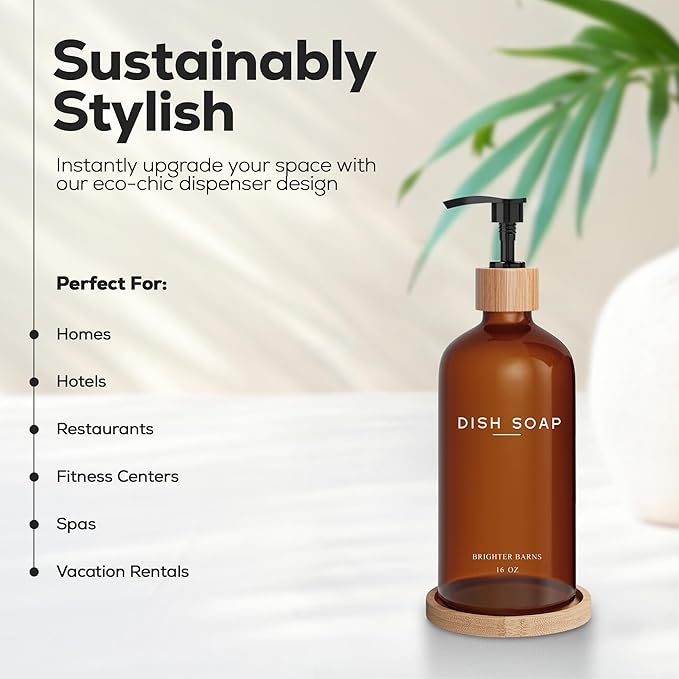 Amber Glass Dish Soap Dispenser for Kitchen Sink by Brighter Barns - Kitchen Soap Dispenser Set with Tray - Glass Bottle with Pump for Liquid - Boho Home Decor and Accessories for Restaurant (Amber)