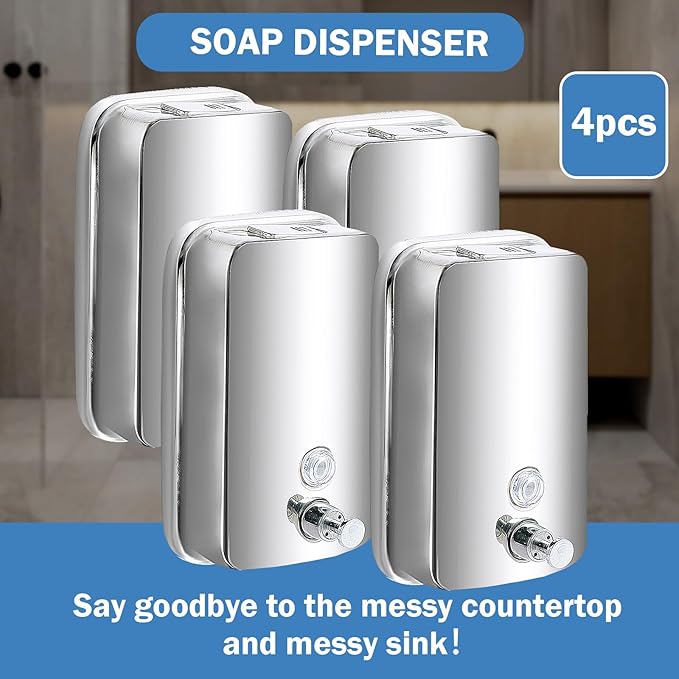 4 Pack 1000ml Commercial Soap Dispenser Wall Mount, Stainless Steel Hand Soap Dispenser for Bathrooms, Refillable Hand Sanitizer Dispenser for Home, Hotels, Restaurants, Hospitals (Silver)