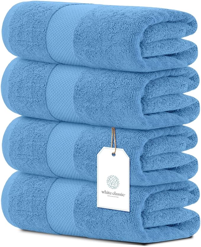White Classic Luxury Bath Towels Set of 4 Large - 700 GSM Cotton Ultra Soft Bath Towels 27x54 | Highly Absorbent and Quick Dry | Hotel Towels for Bathroom Luxury, Plush Shower Towels, Light Blue