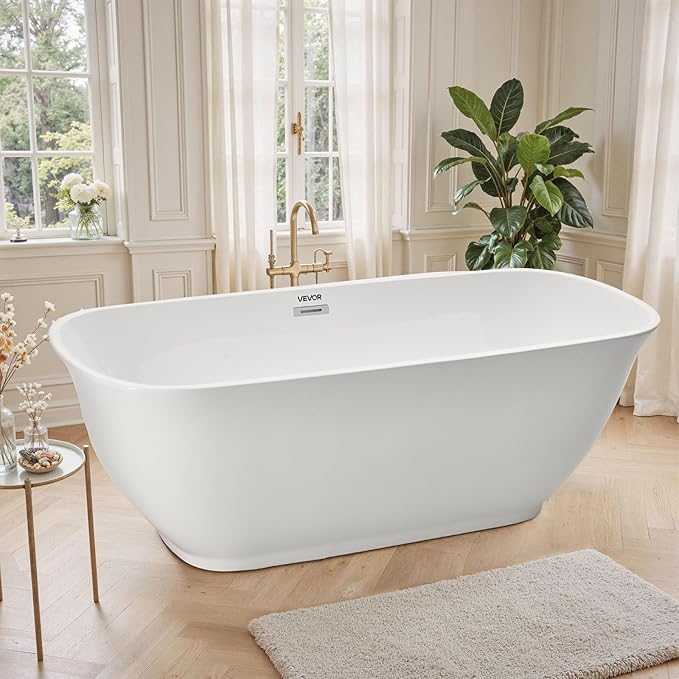 VEVOR Acrylic Freestanding Bathtub, 67 Inch Contemporary Soaking White Tub with Polished Chrome Overflow and Drain, Elegant Oval Shape Stand Alone Soaker Tub for Modern Bathroom or Remodel Projects