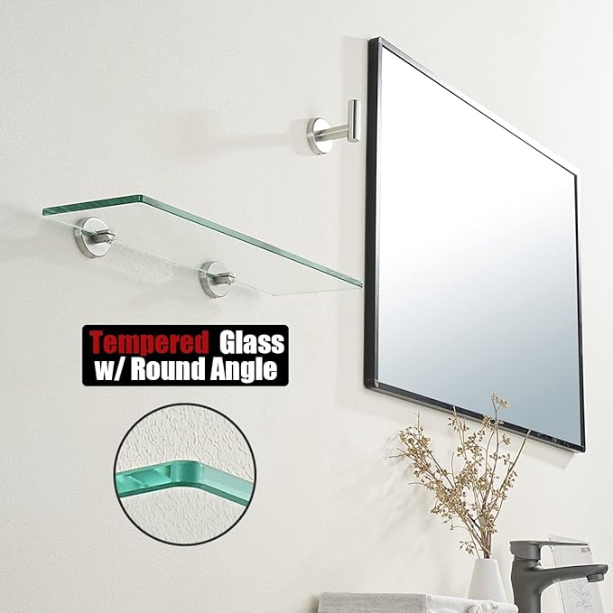 JQK Bathroom Glass Shelf Brushed Steel, Tempered Glass Shower Storage 16 by 5 inches, 304 Stainless Steel Brushed Wall Mount 2 Pack, TGS101L16-BN-P2