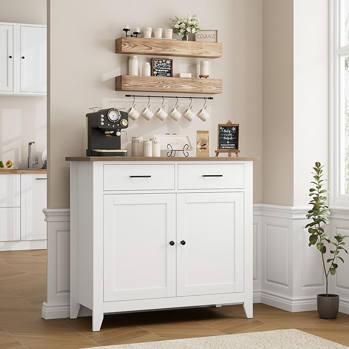 HORSTORS Kitchen Storage Cabinet, Modern Farmhouse Buffet Cabinet with Storage, Coffee Bar with 2 Drawers and 2 Doors, Floor Sideboard Buffet for Living Room, Dining Room, Bathroom, Ivory White