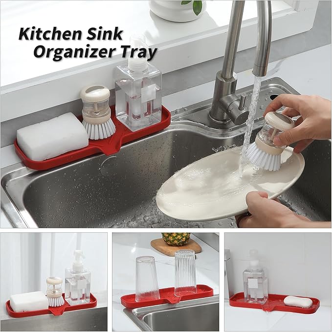 Silicone Bathroom Soap Dishes with Drain Spout-Bathroom and Kitchen Sink Organizer,Sponge Holder,Dish Soap Tray,Perfect for Dispenser,Scrubber,Bottle,Cup on Sink or Counter-Red 12"×4"