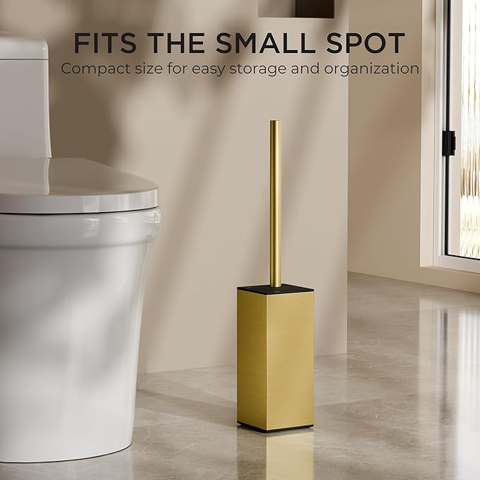 FORIOUS Toilet Brush and Holder Set, Heavy Duty 304 Stainless Steel Base Square and Long Handle for Bathroom Deep Cleaning, Drip-Proof, Space Saving for Storage, 2 Toilet Bowl Brush Head, Dark Gold